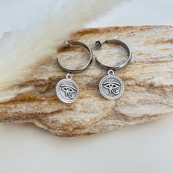 Ancient Egyptian Earrings - Eye of Horus Hoops - Eye of Ra Hoops - Picture 5 of 7